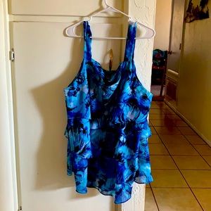 Sleeveless layered print in blues with subtle rhinestones around the neck line